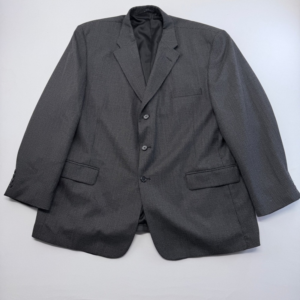 Haggar Collections Mens 48R Grey Micro Check 3 Button Wool Blend Blazer Jacket